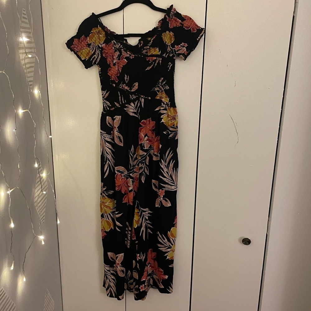 Black and Pink Floral Vacation Jumpsuit with pockets (Extra Small)